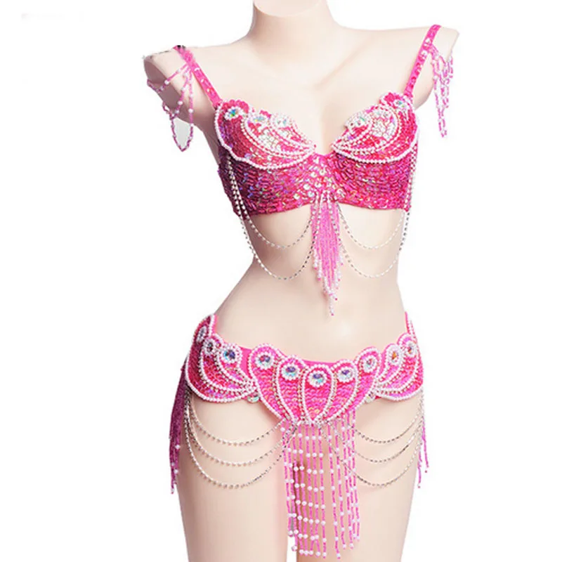 

2018 Women Bellydance Clothes Eastern Style Beaded Top & Belt 2 Pieces Set Costumes for Belly Dance Bra Costume Carnival