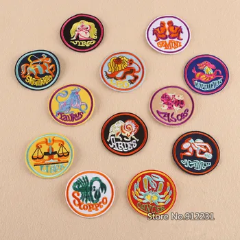 

Newest Fashion design 12 Zodiac Signs patches iron on Embroidered Bafge patch Applique for cloth jacket hat DIY Accessory