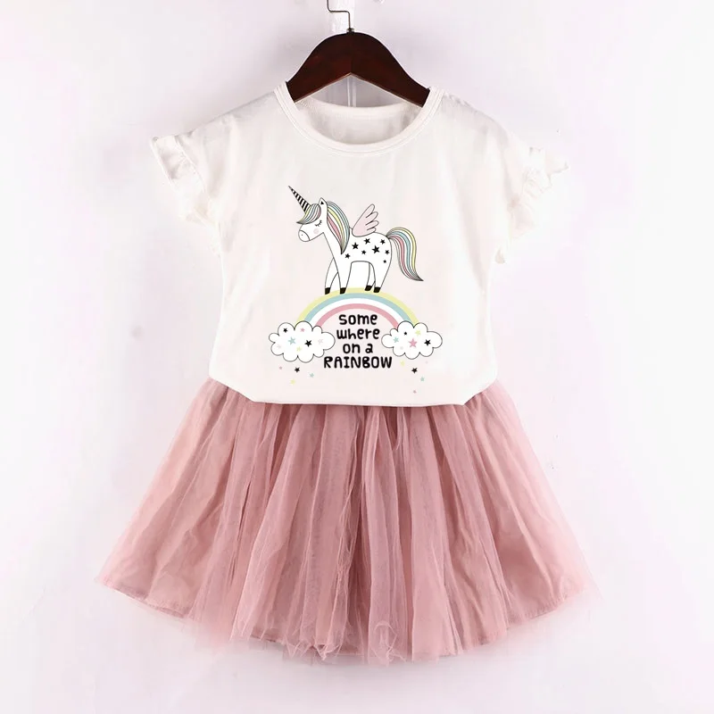 Комплект одежды для девочек; Милая Одежда для девочек; вечерние футболки с принтом единорога+ юбка; комплект из 2 предметов; повседневная детская одежда - Цвет: T00074-9