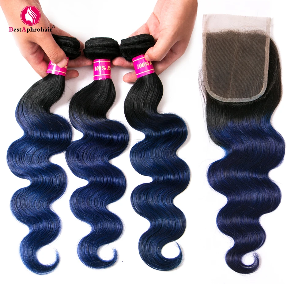 

Aphro Ombre Body Wave Bundles With Closure Free Part Peruvian Hair Bundles With Closure 4 Pcs/Lot Human Hair T1b/Blue Non Remy
