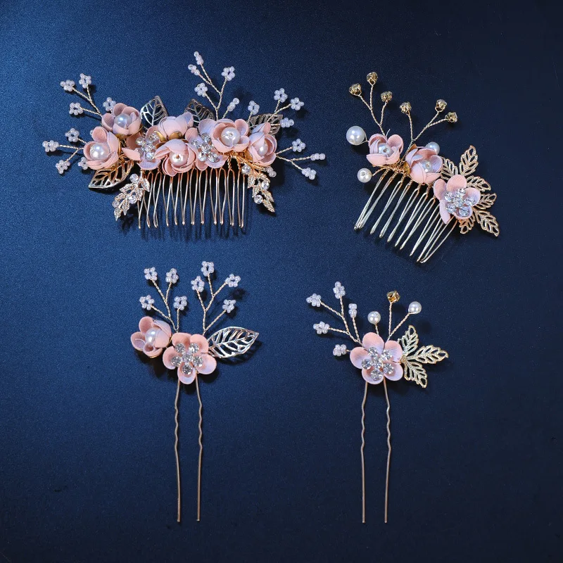 

KMVEXO Fashion Pink Flower Hairpins Pearls Rhinestone Hair Combs Prom Bridal Wedding Hair Accessories Gold Leaves Hair Jewelry