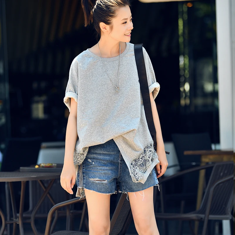 

T6683 Artistic large version round collar pure color short sleeve cotton patchwork lace dovetail T-shirt woman