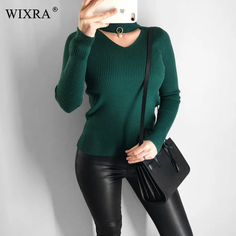 Wixra الأساسية السترة الربيع الخريف أزياء النساء سترة الصلبة V الرقبة البلوزات سيدة ضئيلة محبوك البلوفرات