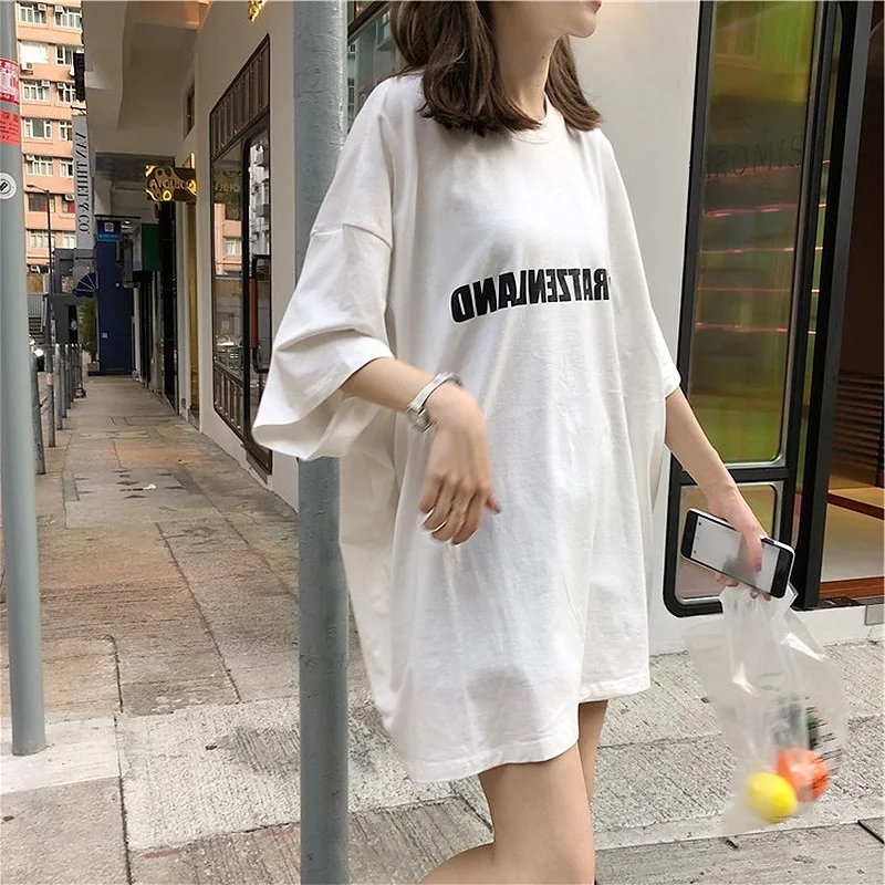 Harajuku/крутая футболка большого размера с буквенным принтом для девочек, длинная футболка, женский летний белый Топ для женщин, свободная футболка в Корейском стиле
