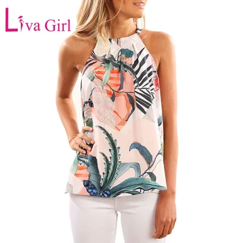 

LIVA GIRL Summer Sleeveless Floral Print Tank Top For Women 2020 Chic Sexy Halterneck Knotted Tops Behemian Beachwear Hauts XXL