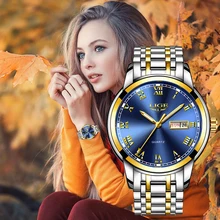 LIGE Couple Watch Gold Blue Watch Women Quartz Watches Ladies Top Brand Luxury Female WristWatch Girl Clock Relogio Feminino+Box top brand luxury gold women watches steel quartz ladies rose bracelet watch casual clock lovers girl simple wristwatch relogio