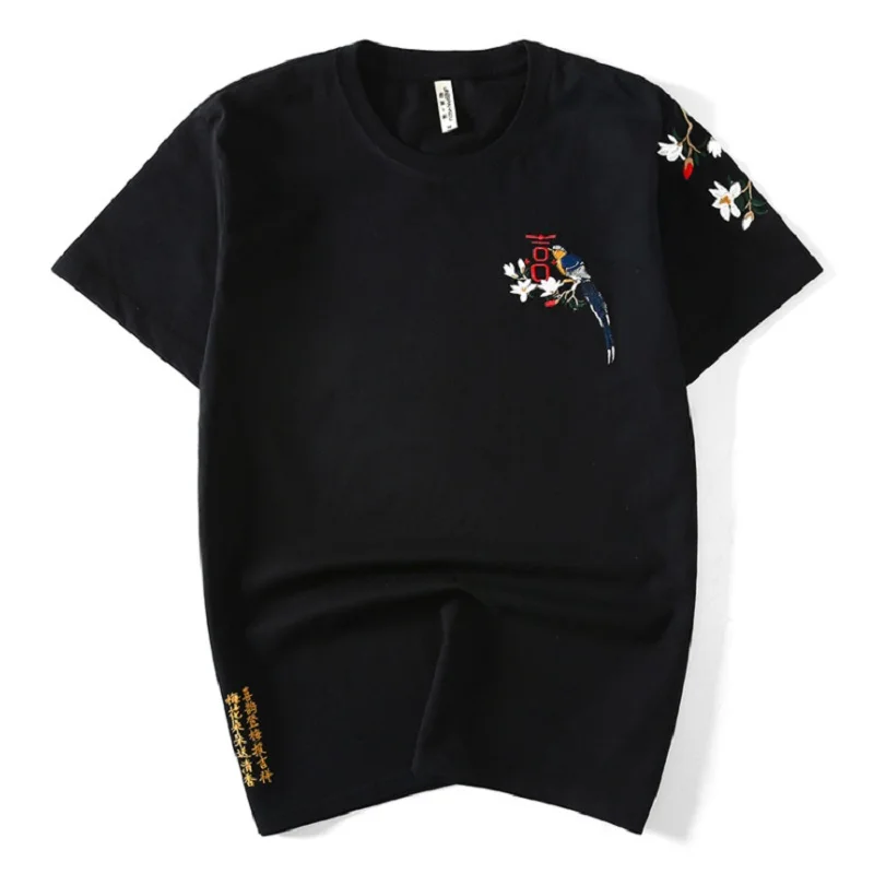 

HZIJUE Hip Hop Streetwear Embroidery "marry & bird" Chinese Style Men T Shirt Top Cotton T-Shirts Plus Size 4XL 5XL