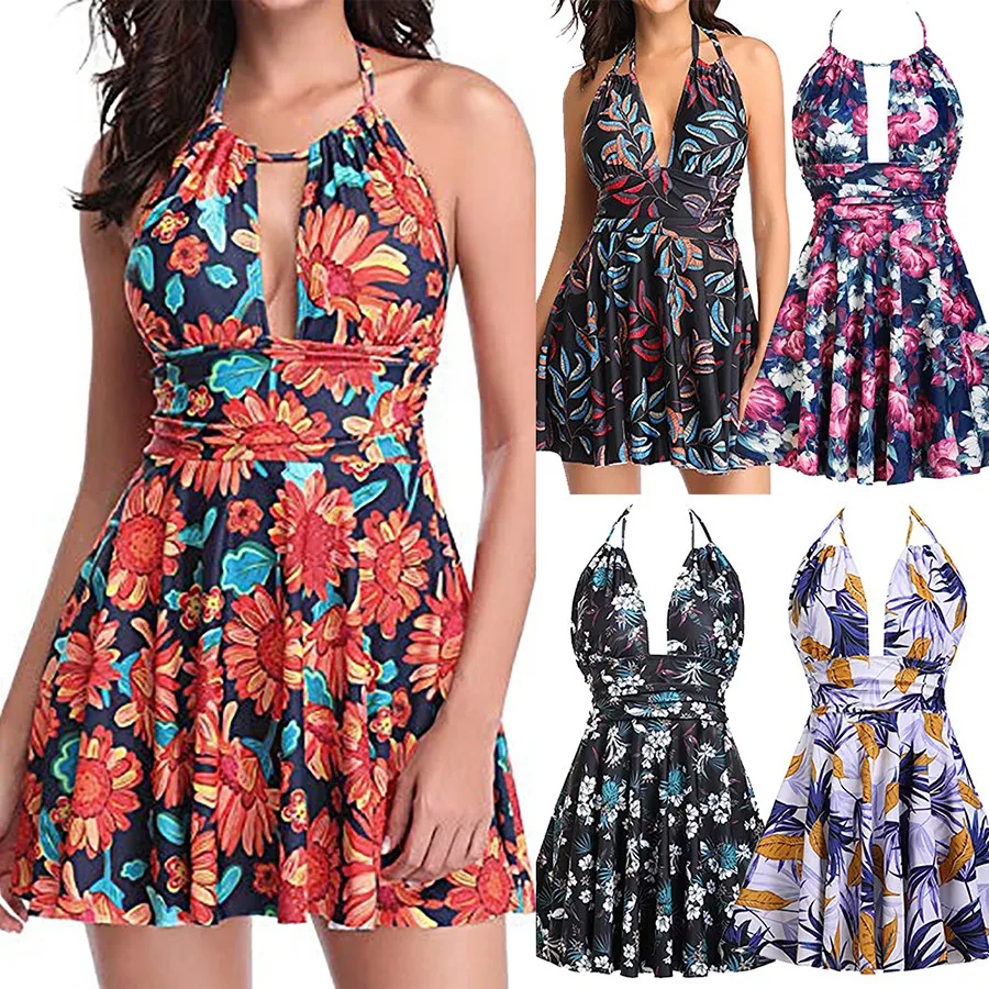 

ISHOWTIENDA 2019 New Arrival Women's Sexy One Piece Bikini Swimsuit Print Swim Dress Skirted Bathing Suit bikini @122