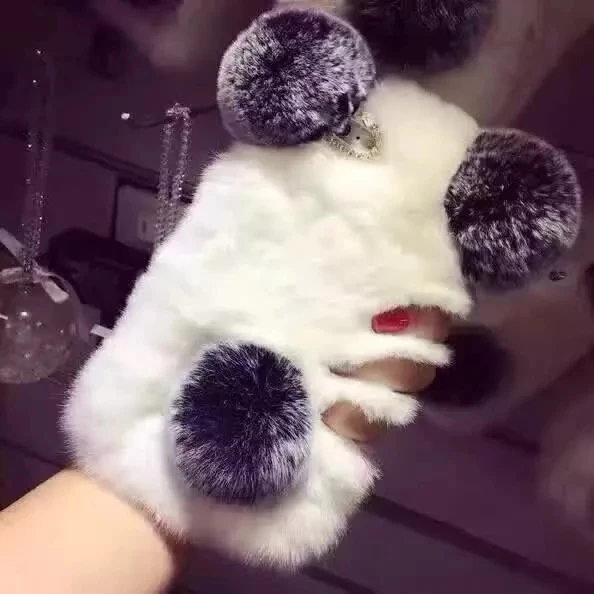 

Top Quality Real Rex Rabbit Fur Panda Bear Ear Fur Ball Plush Furry Case for Samsung Galaxy A3 A7 A5 2017 2016 S8 S9 Plus Fundas