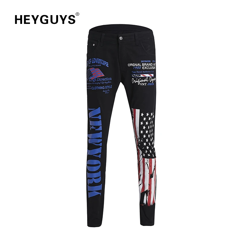 

fashion US flag print original design loose jeans men brand high quality jeans for man casual street straight hip hop black