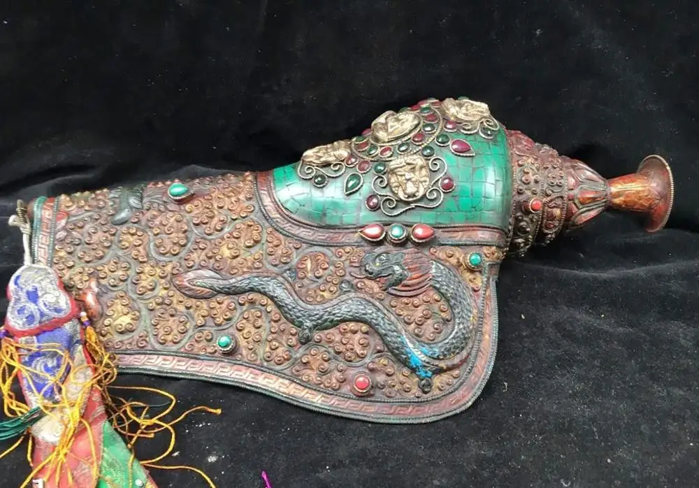 

Tibet Nepal handicraft inlay silver Turquoise Gem coral carved dragon Conch