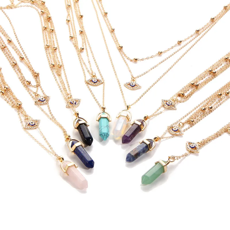 

Opal Stone Multi Layer Crystal Eye Gold Color Turkish Long Pendant Chokers Necklace Bead Chain Geometric Bohemian Jewelry Femme