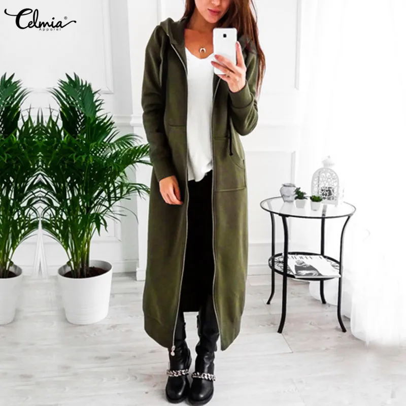 

Oversized 2019 Autumn Celmia Women Casual Long Hoodies Sweatshirt Coat Pockets Zip Outerwear Female Hooded Jacket Plus Size Top