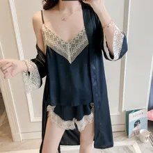 Комплект из 3 предметов, летняя мужская пижама, комплект домашней одежды, женское сексуальное платье, ночная рубашка, бандаж, кружевной Шелковый пижамный комплект, ночное белье