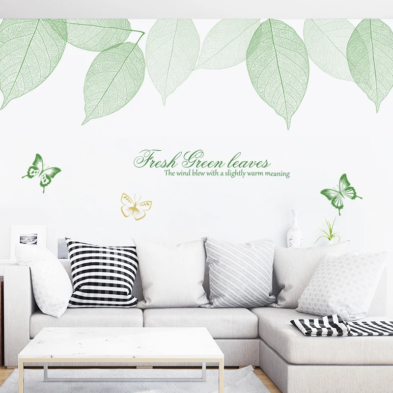 Fresh green leaf wall stickers bedroom warm wallpaper living room home