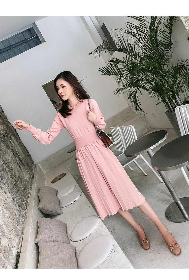 Winter Autumn Female Elegant Long Sleeve Girl Slim Dresses Vintage A-line Pleated Knitwear Knitted Sweater Dress for Women