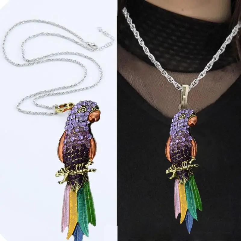 

6 Colors Vintage Long Jewelry Fashion Sweater Necklace Bird Exquisite Colourful Enamel Crystal Animal Parrot Pendant Necklaces