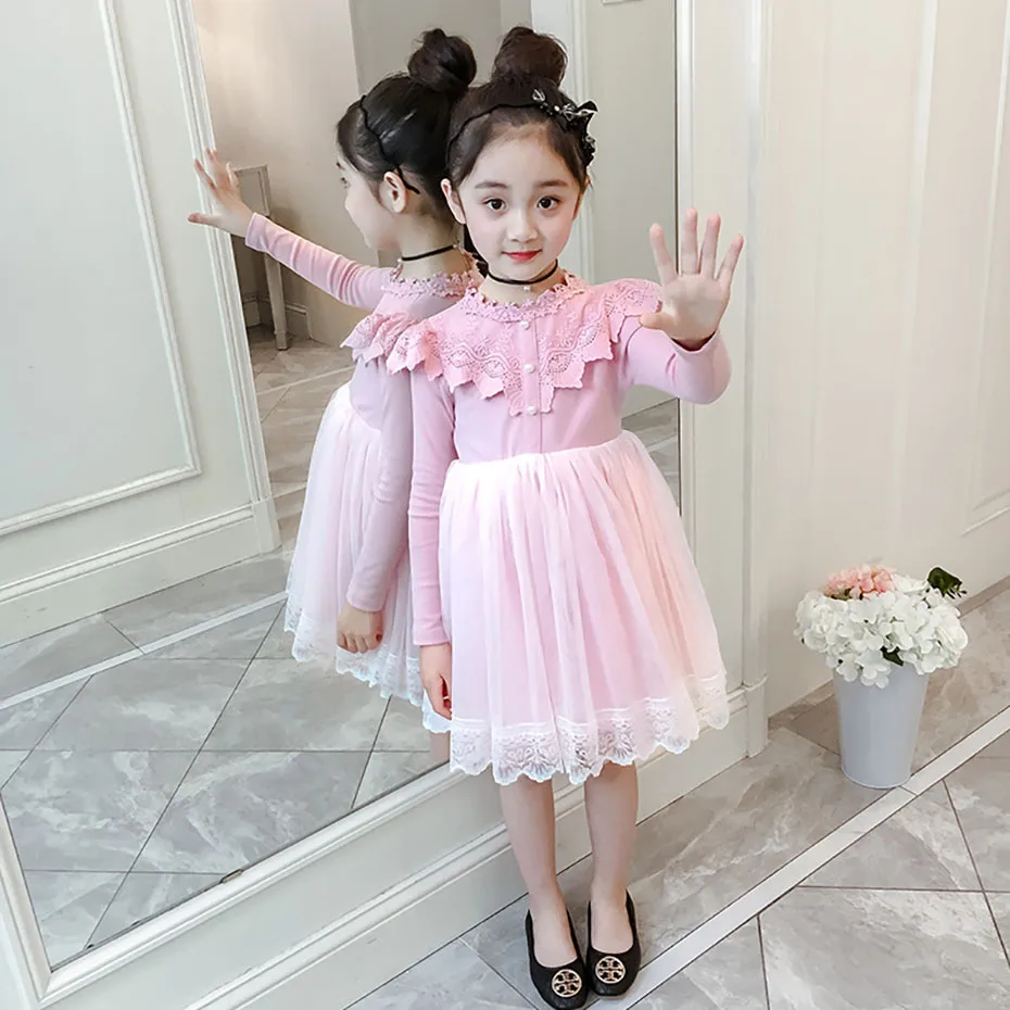 Платье принцессы для девочек, кружевное детское платье платья с длинными рукавами детская сетчатая одежда осенняя одежда для девочек 6, 8, 12 лет - Цвет: as picture