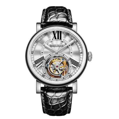 Reef Tiger Classic Serier RGA1999 мужские полые циферблат платье Real Tourbillon автоматические механические наручные часы-серебро - Цвет: p3