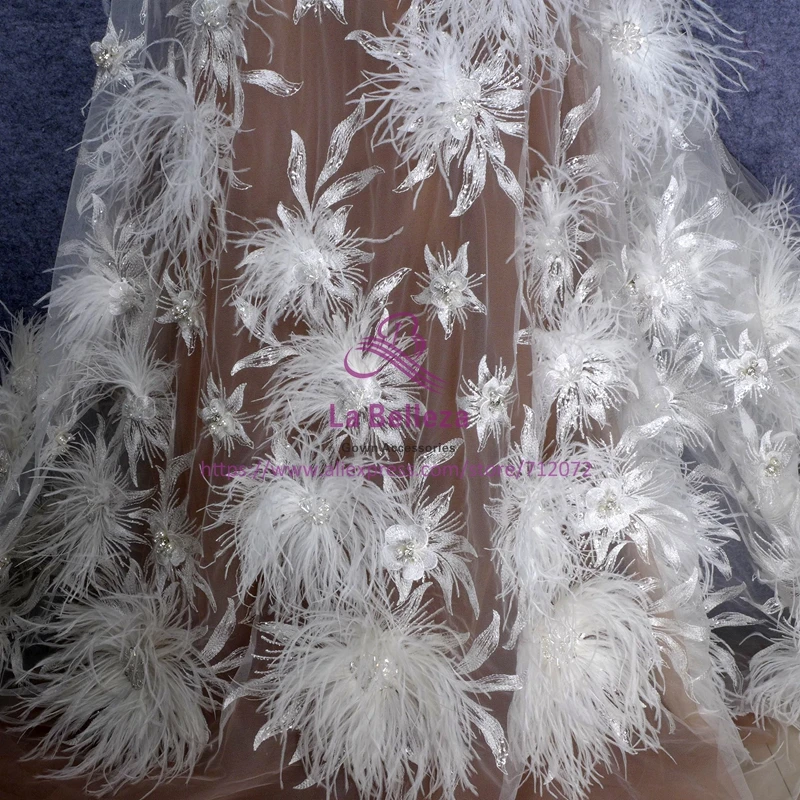 1yard New fashion style pink off white heavy handmade beads and Feathers on netting embroidery wedding dress party lace fabric