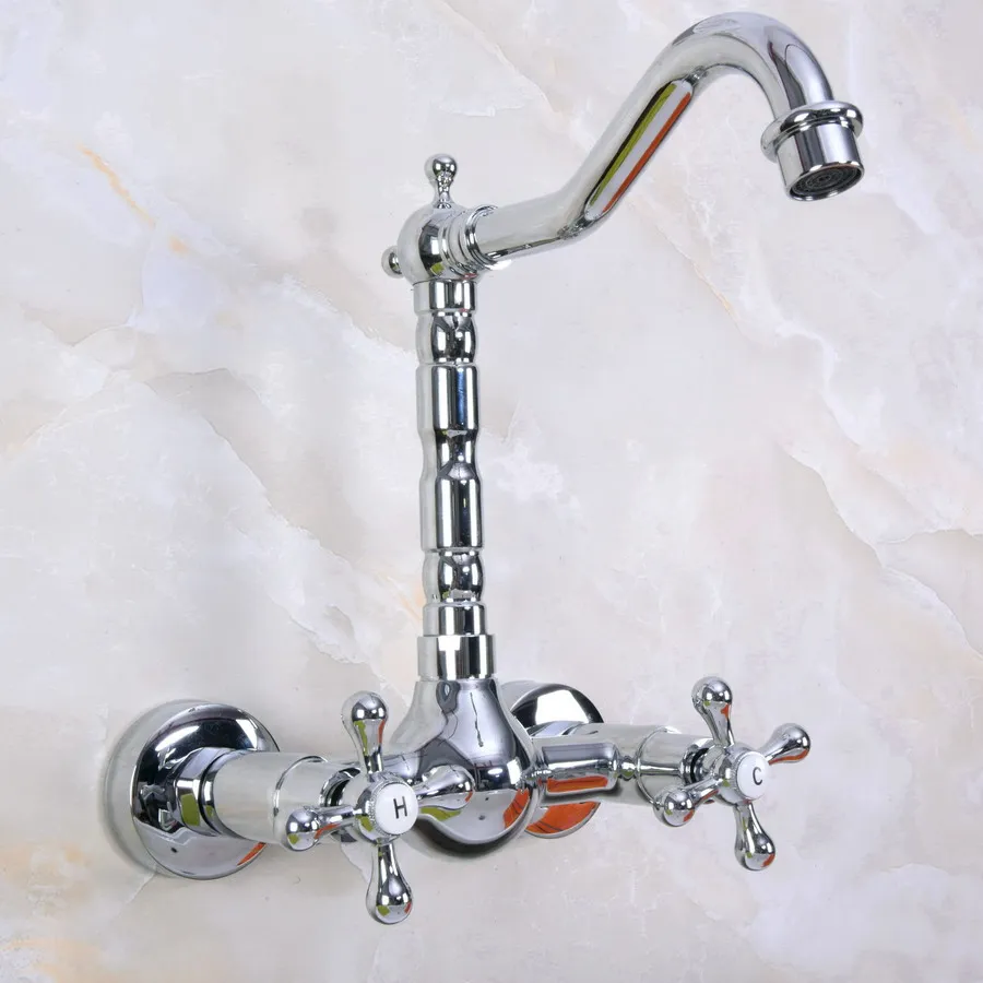 Polished Chrome Brass Wall Mounted Double Cross Handles Bathroom Kitchen Sink Faucet Mixer Tap Swivel Spout anf970