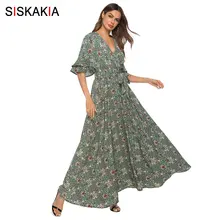 Siskakia элегантное женское длинное платье Лето v-образный вырез половина рукав Тонкий Свинг макси платья темно-зеленое Цветочное платье бохо