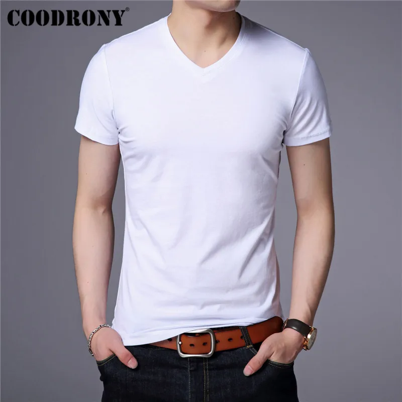 COODRONY Cotton Short Sleeve T Shirt Men Streetwear Classic All-Match Tshirt Summer Casual Solid Color V-Neck T-Shirt Men S95090