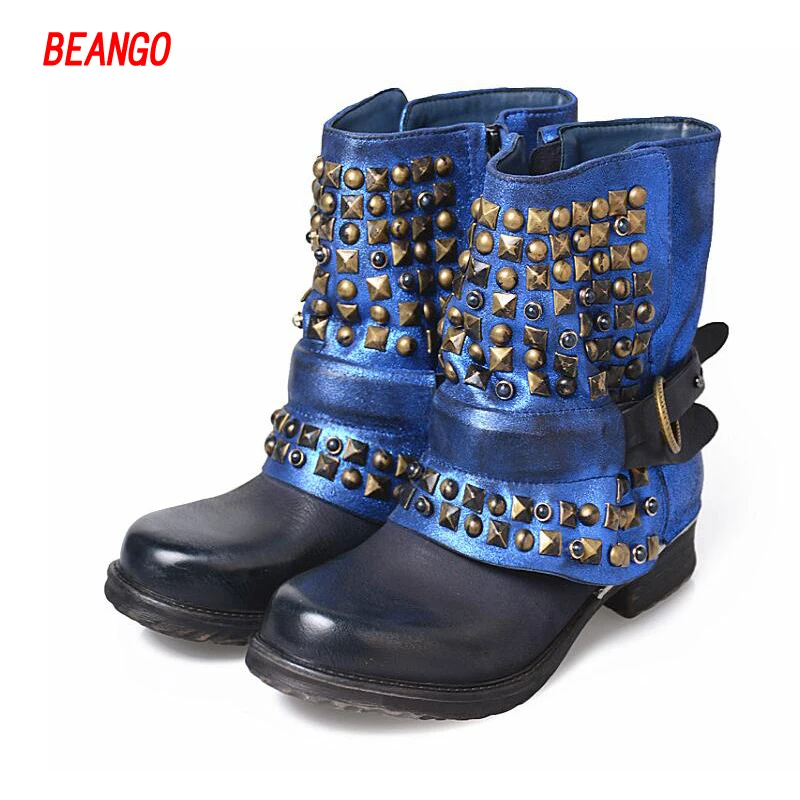 BEANGO 2017 Autumn and Winter Brand Boots Woman Rivet Belt Buckle Fashion Leather Motorcycle Retro Boots Large Size 34-41EU