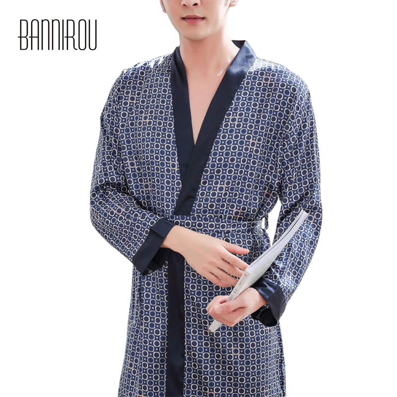 

Man Robes Full Thin Cool Slap-up Faux Silk Male Blue Polka Dot Simple High Quality Home Wear Bathrobes Autumn 2019 New BANNIROU