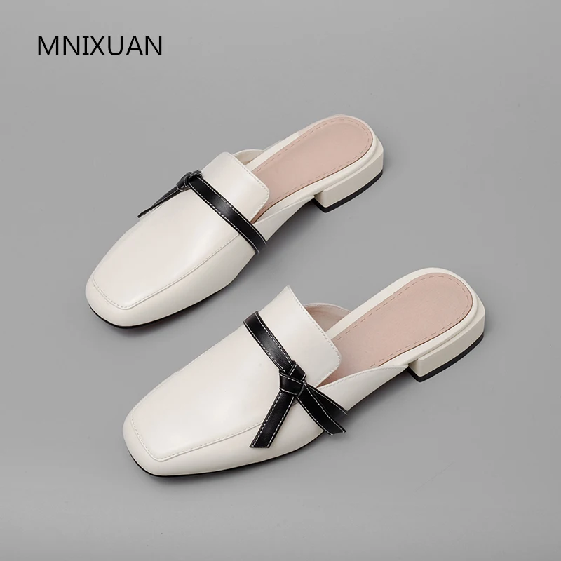 Cuero De Tamaño Hecho Bajo Mnixuan Del Mano Grande Tacón Zapatos 2019 Mujer Beige Real Nuevo Retro Dedo negro A Cuadrado Pie Mulas 40 PxqqICHw
