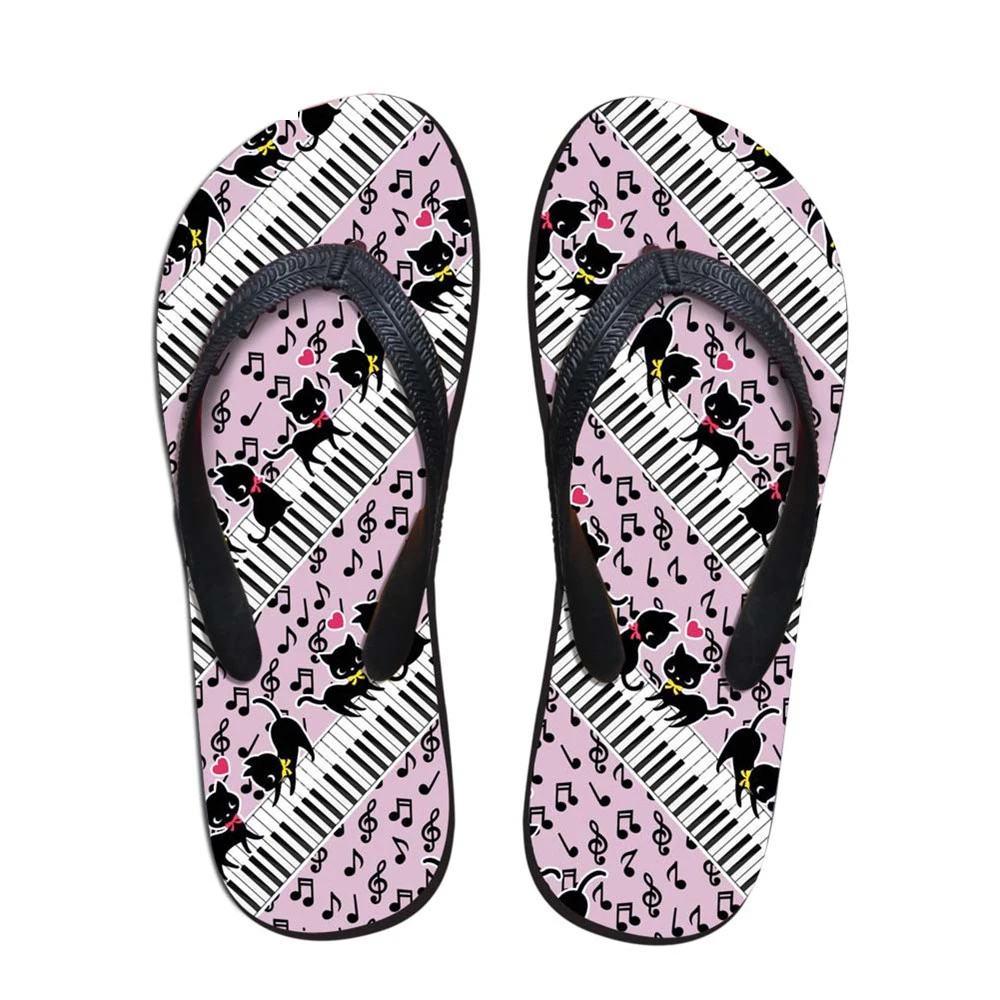 

Customized Summer Women Flip Flops Flats Cute Animal Cat with Piano Music Note Printed Ladies Beach Water Slippers Home Sandals