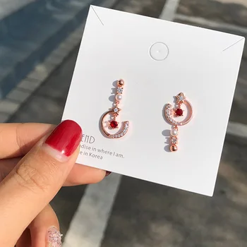 

S925 Silver Needle Copper Cubic Zirconia Star Moon Magic Wand Pearl Drop Earrings For Women Small Asymetric Rose Gold Earring