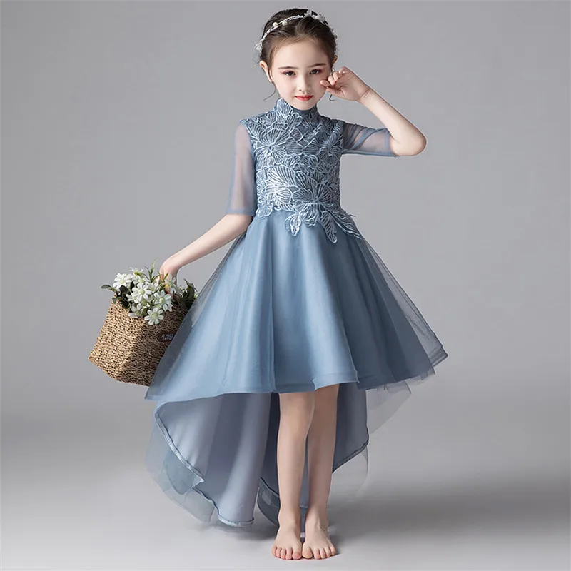 Кружевное Тюлевое платье с короткими рукавами для девочек; элегантная детская одежда для подростков; Детские платья принцессы; бальное платье на свадьбу, день рождения