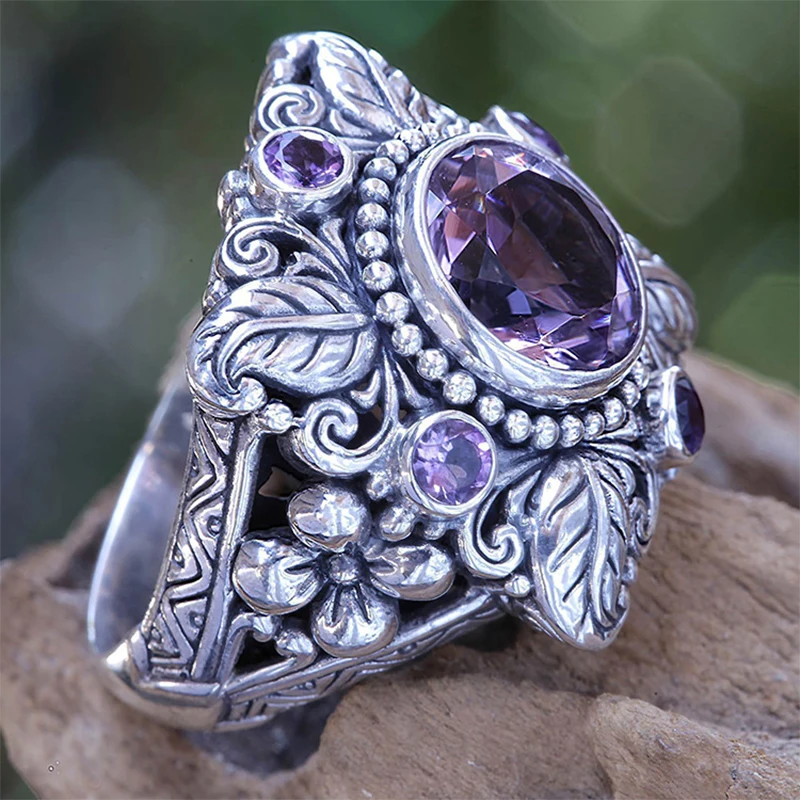 Винтажное тайское серебристого цвета в форме цветка и листа с фиолетовым CZ камнем большие кольца для женщин обручальное кольцо ювелирные изделия