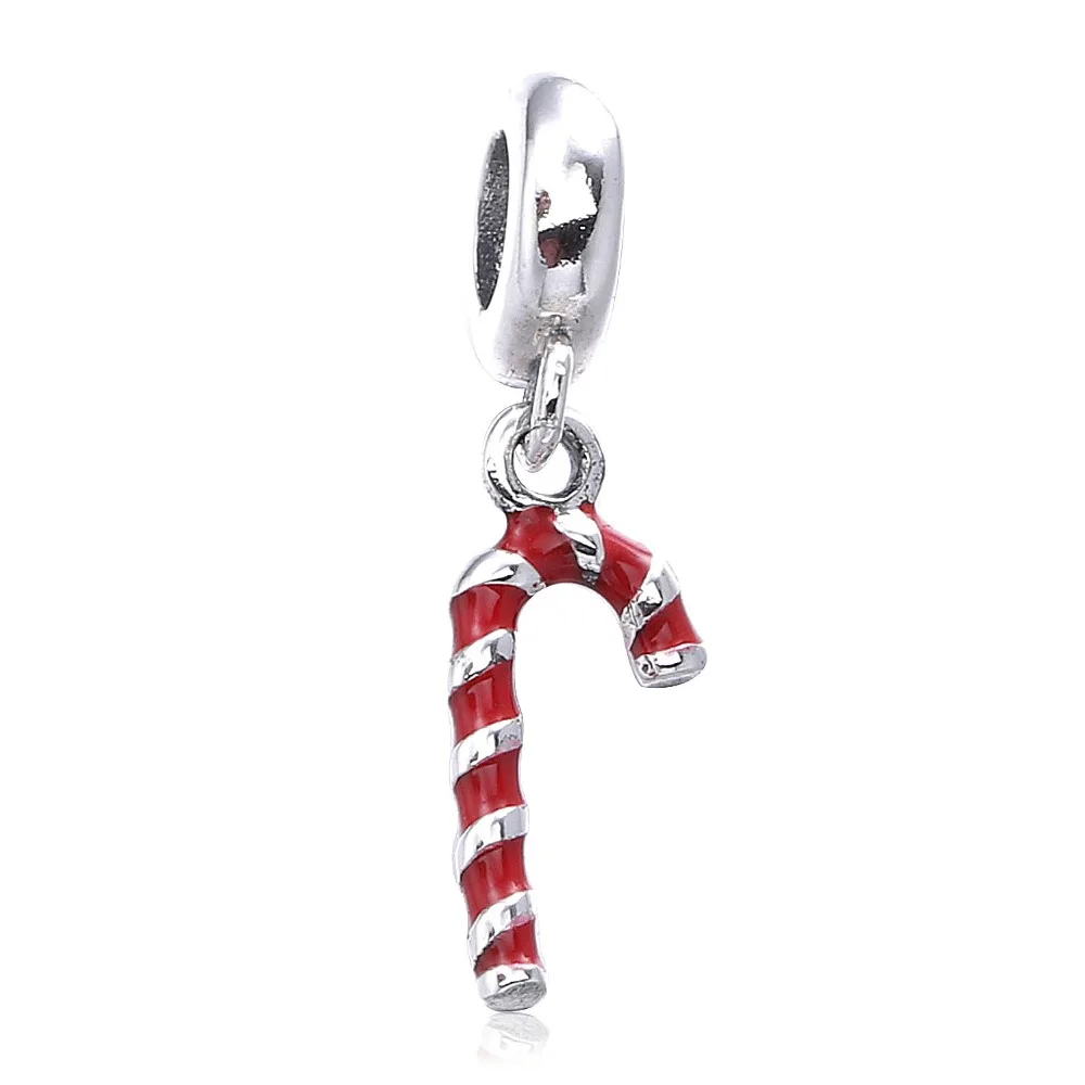 Red 925 Sterling Silver candy cane merry Christmas gift charm Beads