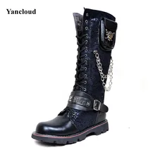 2017 herbst Winter Mode Männer Lace up Mittel Leg Reiten stiefel Schädel Metallkette Martin Stiefel Männlichen Lange Militärische Motorrad stiefel