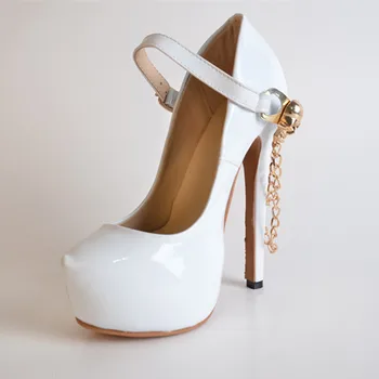 

Sorbern White High Heels Women Pumps Shoes Thick Platform Skull Chains Pointed Closed Toe Charm Ankle Straps Custom Colors
