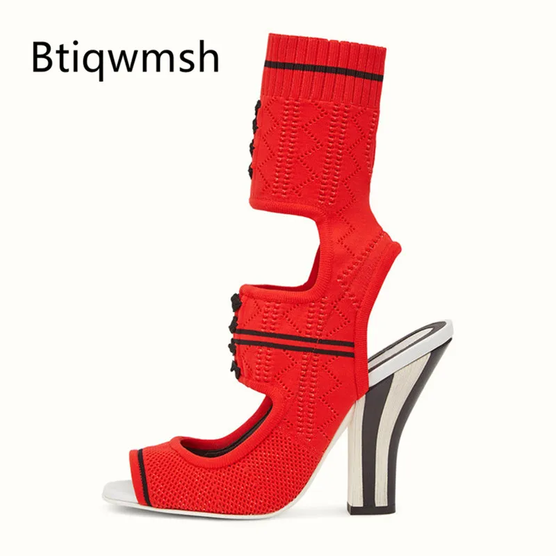 

2019 Knit Sock Boots Women Peep Toe Cut Out Mixed Color Strange High Heels Stretch Ankle Boots Woman Sexy Gladiator Sandals