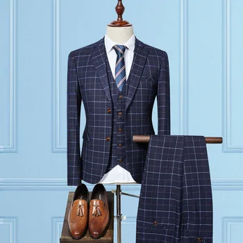 

2018 New Fashion Arrival High Quality Single Breasted Plaid Casual Suit Men Business Suits Plus Size 3XL