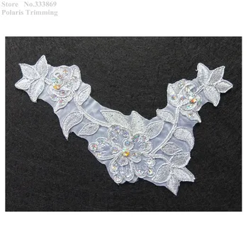 

Free Shipping 2pcs/lot x Silver Flower Embroidery Sequin Beaded Stoned Lace Appliques Trim Patch Collar Sewing DIY Craft PBNC79C