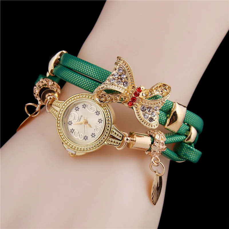 

Fashion Ladies Quartz Bracelet Watch New Bow Leather Belt Linked Watch Round Small Dial Watch