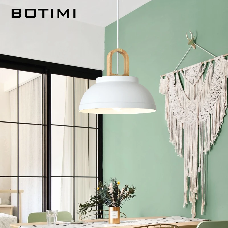 BOTIMI White Metal LED Pendant Lights For Dining Room Modern Indoor Wooden Kitchen Gray Hanging Lamp