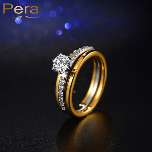 2017 Unique Double Ring Design Luxury Women Wedding Party Big Clear 1ct Cubic Zirconia Crystal Finger