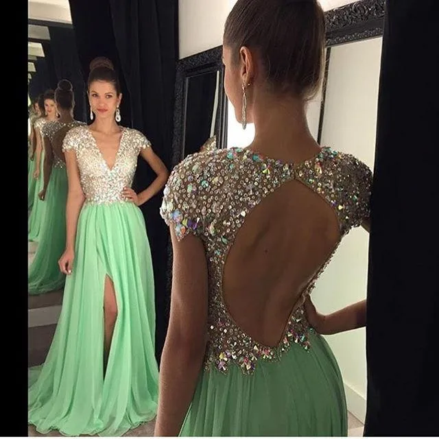 luxury light green evening dresses 2017 backless crystal beaded chiffon