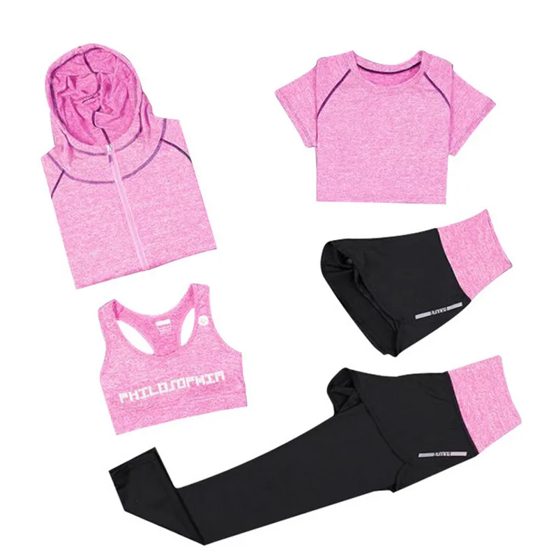 Женский комплект из 5 предметов для занятий фитнесом, Быстросохнущий костюм для йоги, пальто+ футболка+ бюстгальтер+ шорты+ штаны, спортивная одежда для бега на открытом воздухе, одежда с высокой талией