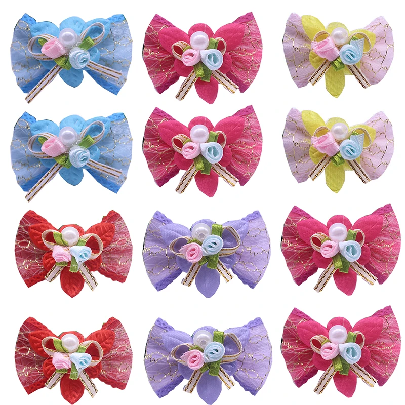 50pcs/ 25pairs Large dog hair bows pet hair Rubber bands Patterns Large