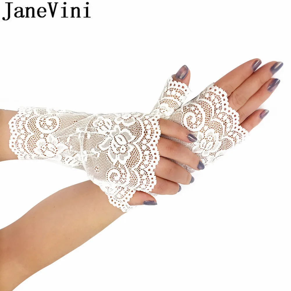 JaneVini Elegant Bridal Party Fingerless Wedding Gloves White Khaki Black Lace Gloves Brides Women Short Wrist Glove Gant Mariee