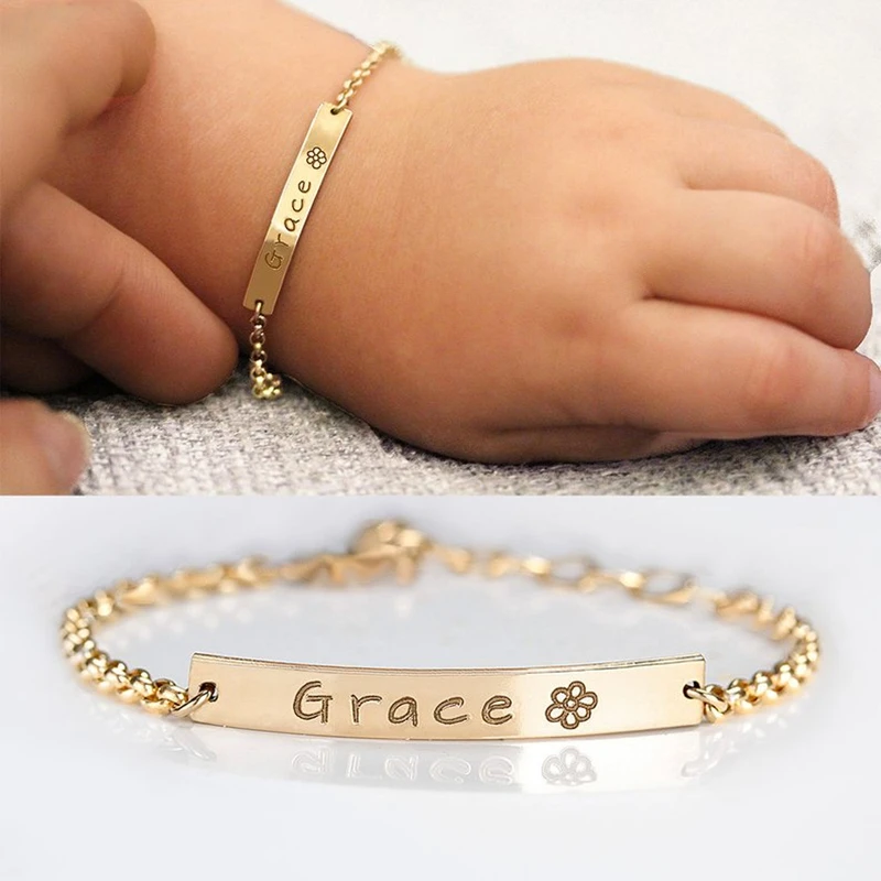 Персонализированные день рождения девочки мальчика подарок на заказ ребенка имя браслет ювелирные изделия из нержавеющей стали Регулируемый для детей, для малышей ID браслет