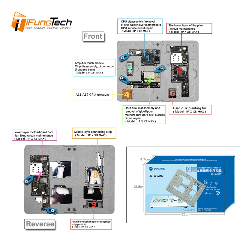 

G-Lon SS-601K For iPhone X / Xs / Xs Max Mainboard BGA Reballing Stencil Plant Tin Set PCB Fixture Platform+Solder Paste