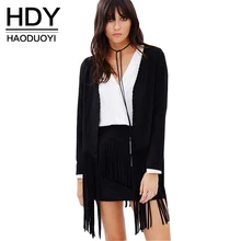 HDY Haoduoyi Solid Black Women Jacket Coat Long Sleeve O Neck Fringe Hem Outwear For Women Streetwear Loose Casual Top Women